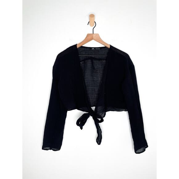 Zara Black Sheer Gauze Long Sleeve Tie Front Crop Top Small V Neck - Picture 3 of 9